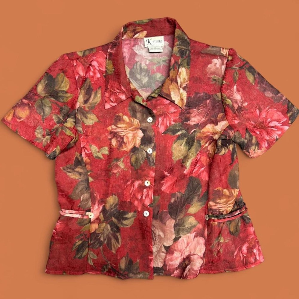 Vintage K Studio Top 10 Red Floral Sheer Whimsygoth Fairy 90s Button Up Shirt